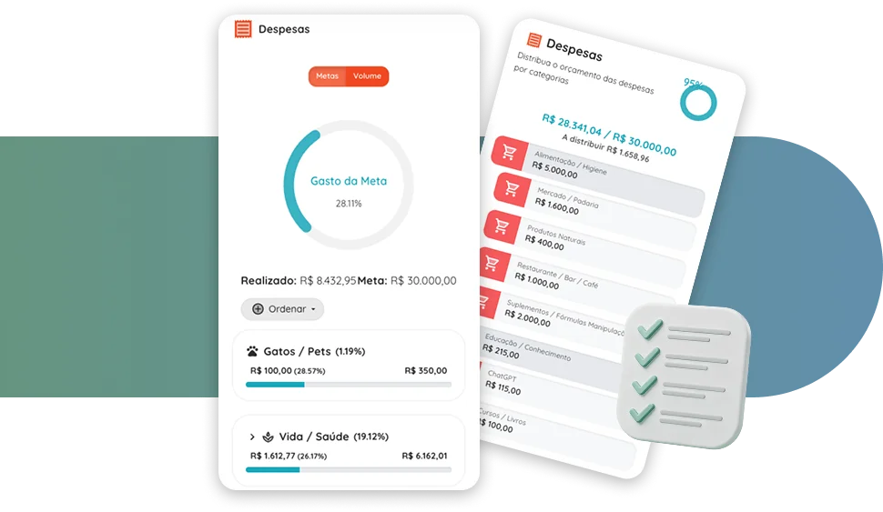 Telas da PlanFi mostrando controle de orçamento, despesas e metas por categoria