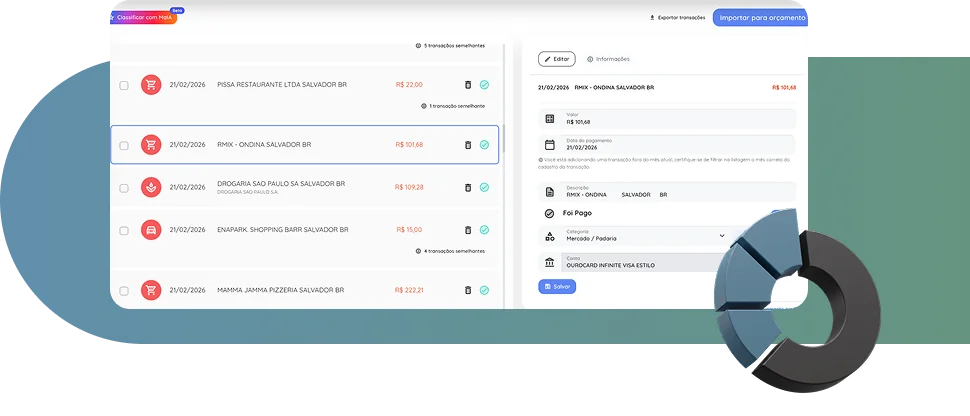 Telas da PlanFi mostrando importação e classificação de transações com Open Finance